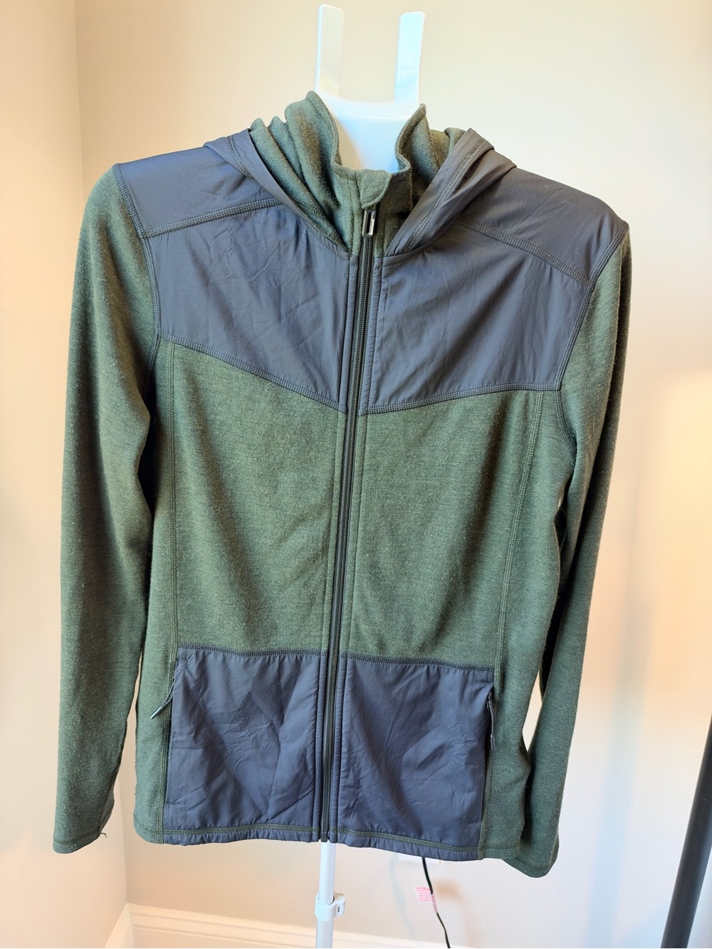 Smartwool Mens Medium Merino Wool Full Zip Hooded Jacket Olive Green Black GUC